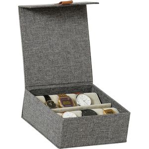 Premium opbergdoos voor horloges - horlogedoos gemaakt van hoogwaardige stof, fluwelen binnenkant - voor 6 horloges - grijs - 16,2 x 16,8 x 7 cm