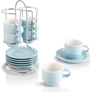 Set van 6 espressokopjes, modern, stapelbare espressokopjes van keramiek, 75 ml, espressokopjes, koffiekopjes, set met schoteltjes en metalen standaard voor (lichtblauw)