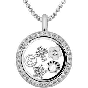 Quiges Memory Medaillon RVS 25mm met Ketting 70cm en 5 Floating Charms - CLS012