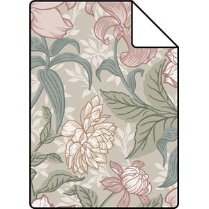 Proefstaal ESTAhome behang vintage bloemen oudroze en vergrijsd groen - 26,5 x 21 cm - 139377-S