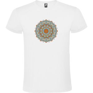 Wit T-shirt met Grote Mandala in Blauw en Oranje kleuren size L