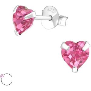 Joy|S - Zilveren hartje oorbellen 6 mm - Swarovski roze kristal