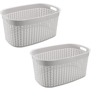 Hega Hogar Rotan line wasmand - 2x - ivoor wit - inhoud 44 liter - kunststof - 58 x 39 x 27 cm