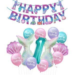 Snoes - Zeemeermin Feest Set - Ballonnenpakket met Happy Birthday Slinger - Turquoise Mint Cijfer Ballon 1 Jaar