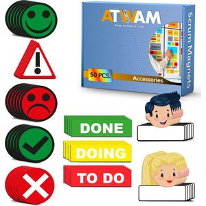 ATWAM 60 delig Whiteboard Magneten - voor Whiteboard, Magneetbord, Memobord of Magnetisch Tekenbord - Herschrijfbare Magneten op Koelkast - Post it Notes - Scrum Mega Set Accessoires Smileys