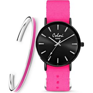 Colori XOXO 5 COL562 Horloge Geschenkset met Armband - Nato Band - Donkerroze - Ø 36 mm