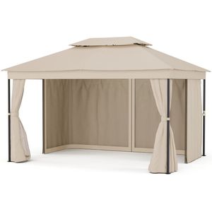 Blumfeldt Mondo Dubbel Paviljoen 3x4 - Dubbel dak & muggengaas, Roestvrijstalen frame, Weerbestendige overkapping, Tuinpaviljoen, Beige