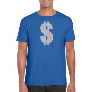Zilveren dollar / Gangster verkleed t-shirt / kleding - blauw - voor heren - Verkleedkleding / carnaval / outfit / gangsters M