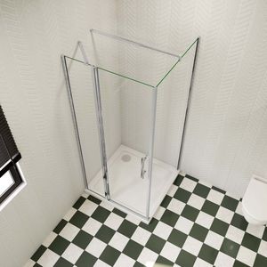 Douchecabine B:90xD:100xH:195cm, met één vaste wand en één draaideur , 6mm transparant gehard glas, stabilisatiestang 70-120cm (verstelbaar), glanzend chromen profiel.
