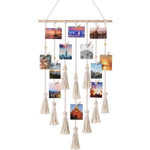 Macramé wandtapijt, hangende fotowand, boho, decoratie, chic geweven tapijt voor wooncultuur, slaapkamer, bruiloftsfeest, fototouw en 30 klemmen, 108 cm (L) x 43 cm (W)