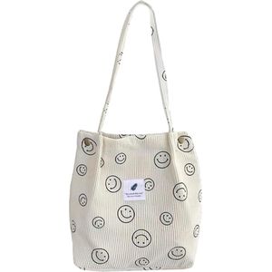 Smiley tas, schoudertas voor dames, corduroy tas met zakvak, grote shopper, dameshandtas, ultralichte schoudertas, modieuze stoffen tas voor dagelijks gebruik, kantoor, school, reizen en