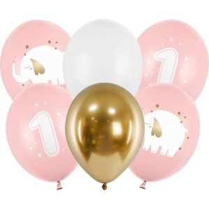 Partydeco - Partydeco ballonnen - 1 jaar pastel roze (6 stuks)