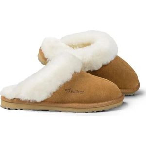 Fellhof Primo pantoffels dames maat 38 - bruin – lamswol – lamsleer - warme pantoffels – wollen pantoffels - sloffen – ademend - antislip zool