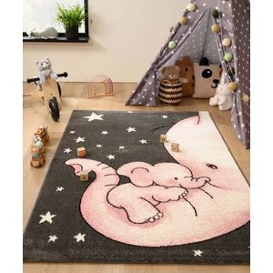 Vloerkleed kinderkamer olifant - Adventures grijs/roze 80x150 cm