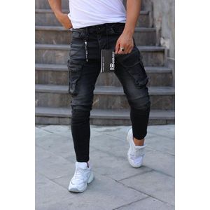 Cargobroek met zakken Stretchy Denim Hoge Kwaliteit Hip Hop Zwarte Jeans - W38