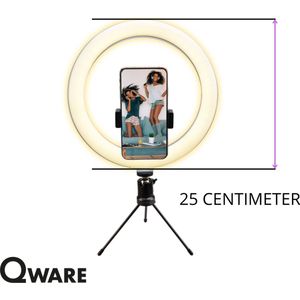 Qware® Ringlamp - Ringlamp met statief - geschikt voor Youtube, Instagram en Tiktok lamp - Led Ringlamp - Smartphone - Qware Ringlamp - 25 cm - 3 kleuren Licht