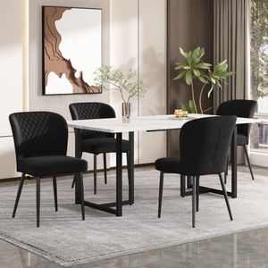 Eetset - 140×80×75cm eettafel met 4 stoelen - gestoffeerde stoel design stoel met rugleuning - MDF tafelblad in wit - Zwart fluwelen eetkamerstoelen - L-vormige Zwart tafelpoten