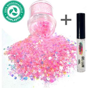 Chunky Glitters (Roze) + Glitter Huid Lijm [Volume 8g - Festival Jewels Glitter Outfit Lichaam en Gezicht - Make-up Diamond Dots Face Body - Diamantjes Strass Steentjes - Kinderen Volwassenen Dames Makeup Tattoo]