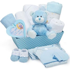 Nieuwe cadeaumand voor babyshower - met fleece, handdoek met capuchon, babykleertjes, 2 mousseline doeken en een schattige bruine teddybeer - doopcadeaus voor jongens