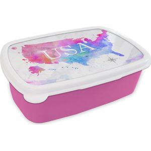 Broodtrommel Roze - Lunchbox - Brooddoos - Wereldkaart - Waterverf - Verenigde Staten - 18x12x6 cm - Kinderen - Meisje