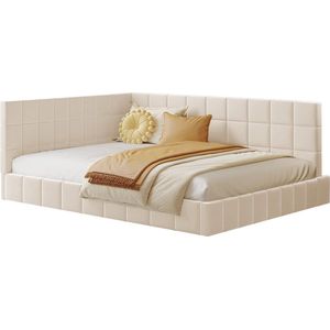 Merax 140x200cm Gestoffeerd Slaapbank - Multifunctioneel Bed met Lattenbodem - Beige