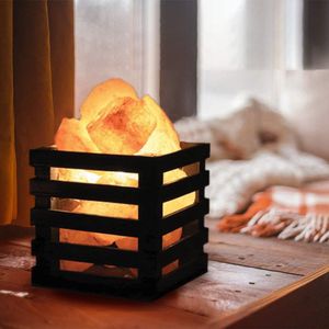 Himalayan Zoutstukken Lamp met Houten Vierkante Mand - Handgemaakt, Warm Licht, Luchtzuiverend