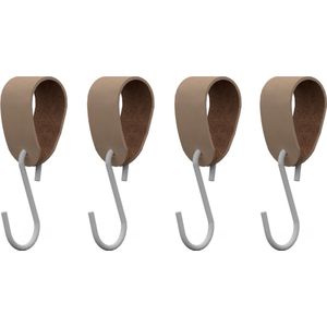 S-haakje Wit + leren hanger: TAUPE - Maat S - set van 4- HOYA Living (S-haakjes - kapstokhaakje - handdoekhaakje - kapstokhaak - ophanghaken - S-haken)