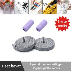 2 paar grijze platte elastische veters met pastel paarse sluitingen. Je hoeft voortaan nooit meer je veters te strikken.