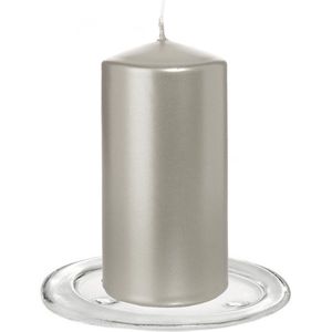Trend Candles - Stompkaarsen met glazen onderzetters set van 2x stuks zilver metallic 6 x 12 cm