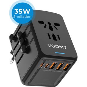 Voomy Universele Reisstekker 35W Snellader - Wereldstekker voor 170+ landen - 2 USB C & 3 USB A Poorten - Travel Adapter: Amerika (USA), Engeland (UK), Australië, Zuid Amerika, Afrika, Italië, Thailand - Zwart