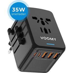 Voomy Universele Wereldstekker 35W - Reisadapter voor 170+ landen - 2 USB-C & 3 USB-A - Reisstekker Wereld: Amerika (USA), Engeland (UK), Australië, Zuid Amerika, Afrika, Italië, Thailand - Snellader - Zwart