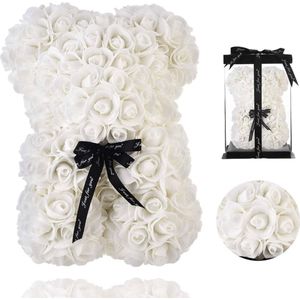 Rozen Teddy Beer - Kunstbloemen - Luxe Geschenkdoos - Wit - 25 cm