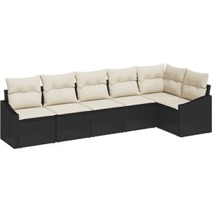 vidaXL - 6-delige - Tuin - Sofa - Set - met - Kussens - Zwart - Poly - Rattan
