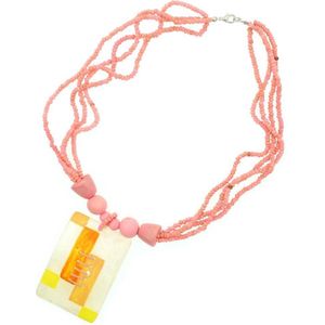 Behave Dames ketting roze houten kralen en schelpen hanger 50 cm