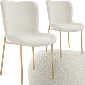 tectake® Gestoffeerde stoel - Eetkamerstoel - Bouclé stof - Ergonomische vorm - Hoge rugleuning - Draagkracht 120 kg - Diverse kleuren - Set van 2 - Wit/goud