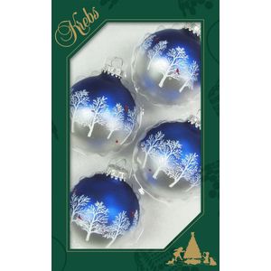 8x stuks luxe glazen kerstballen 7 cm blauw/zilver met bomen - Kerstversiering/kerstboomversiering