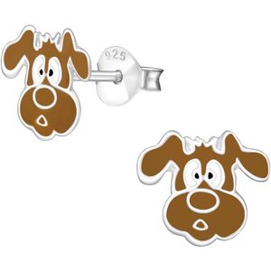 Joy|S - Zilveren hond oorbellen - 10 x 9 mm - bruin - kinderoorbellen