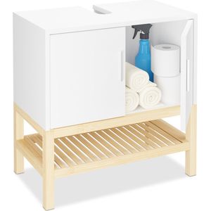 Relaxdays wastafelonderkast met plankje - sifon uitsparing - 60,5 x 60 x 33 cm - bamboe - wiit