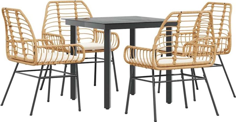 vidaXL - 5-delige - Tuinset - met - kussens - poly - rattan - glas - bruin