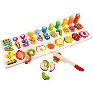 Educatief Houten 4-in-1 Cijfer en fruit Puzzel + Getallen Rekenpuzzel + Vormenpuzzel + Kleuren – Tellen en stapelen – Early Education Toy