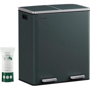 Prullenbak afvalscheidingssysteem - 2 x 30 liter - pedaalemmer keukenafvalbak - 15 vuilniszakken - soft close - luchtdicht - groengrijs vuilnisbak 60 liter