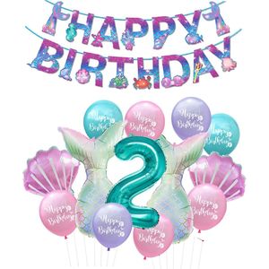 Zeemeermin Feest Set - Ballonnenpakket met Happy Birthday Slinger - Turquoise Mint Cijfer Ballon 2 Jaar