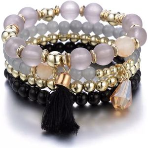 Armbandenset 4 stuks – Dames Mode Boho - Multilayer Kristal Kralen - Dames-Lady Elastische - Grijs - Valentijnsdag - Verjaardag - Cadeautjes