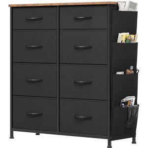 Ladecommode met 8 Laden en Haken voor Slaapkamer en Woonkamer - Dressoir in Zwart met Metalen Frame