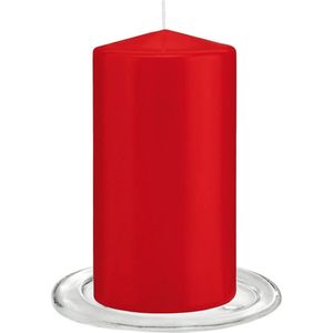Trend Candles - Stompkaarsen met glazen onderzetters set van 2x stuks helder rood 8 x 15 cm