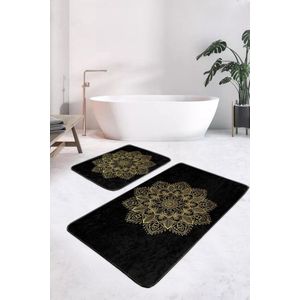 Badmat antislip 2 stuk set - 60x100 & 50x60 - Wc mat - Toiletmat - gold mandala op zwart