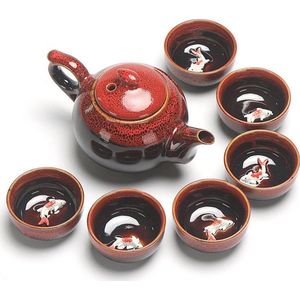 Chinese thee set Gong Fu - Theepot met 6 kleine kopjes - Koi Karpers design - rood