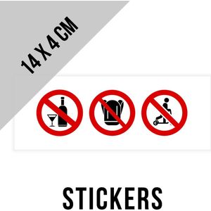 Pictogram/ sticker | Alcohol verboden - Rugzakken verboden - steps verboden | 14 x 4 cm | Drank | Verbod | Overlast | Ingang | Jongeren | Jeugd | Diefstal | Geen taal | Universeel | Witte folie | Raamsticker | 2 stuks