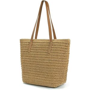 Rieten strandtas voor dame - Bruin - 40 x 30 x 20 cm - Schoudertas met ritssluiting - Stro/riet/rotan - PU lederen handvaten - Handtas voor volwassenen - Gevoerd met binnenvak - Handgemaakt - Shopper