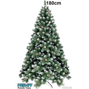 Premfy Deluxe Kunstkerstboom 180 cm met 40 Echte Dennenappels en licht besneeuwde Takken - Mooi Volle Kunstkerstboom met 1750 Takken - Kerstboom - Spar - Zonder Verlichting - Frozen TIPS - Met versiering Dennenappels - Kerstboom Kunststof - Binnen